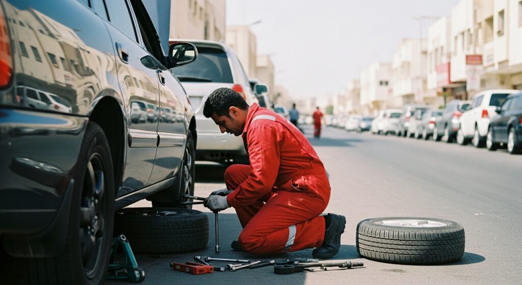 بنشر متنقل ، المساعدة على الطريق ، تبديل تواير ، تبديل بطاريات