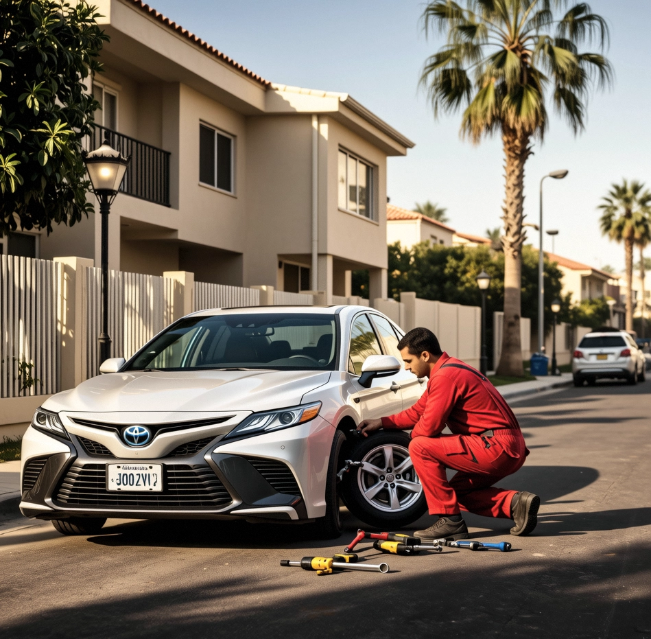 فني من بنشر متنقل ماي سيارتي يقوم بإصلاح ثقب الإطار باحترافية